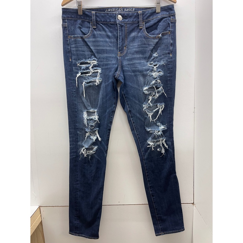American Eagle 360 Super Stretch Jegging Dark Wash Distressed Jeans 14 Long